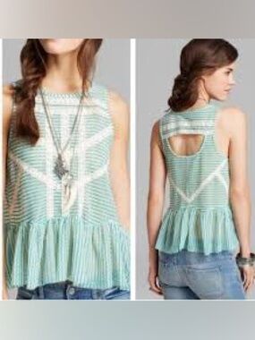 Free People Green Crochet Lace Peplum Tank Top Boho Cutout Back Size XS